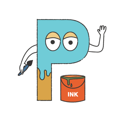 A print file illustration that is a capital "P" that has been personified and is dipping a paintbrush into some ink. This is used to represent print files.