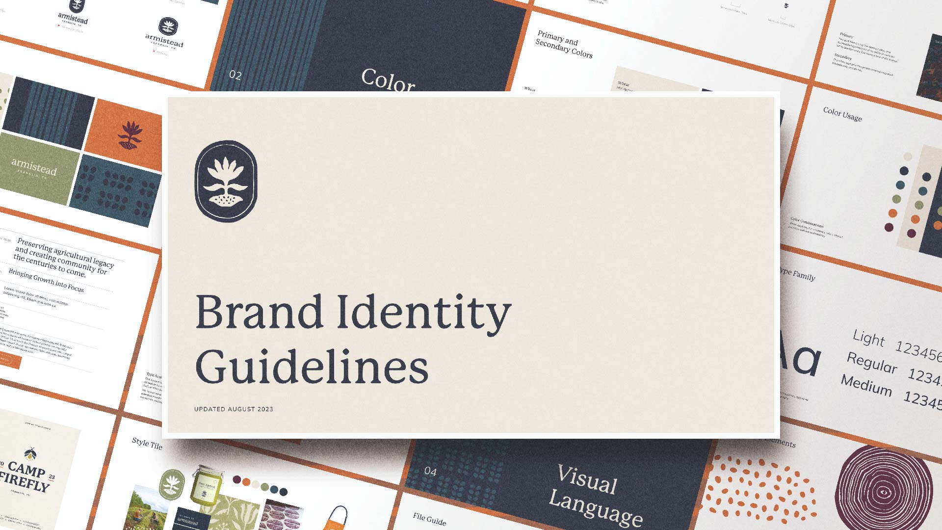 Brand Identity Guidelines cover page on top of a collage of all guideline pages