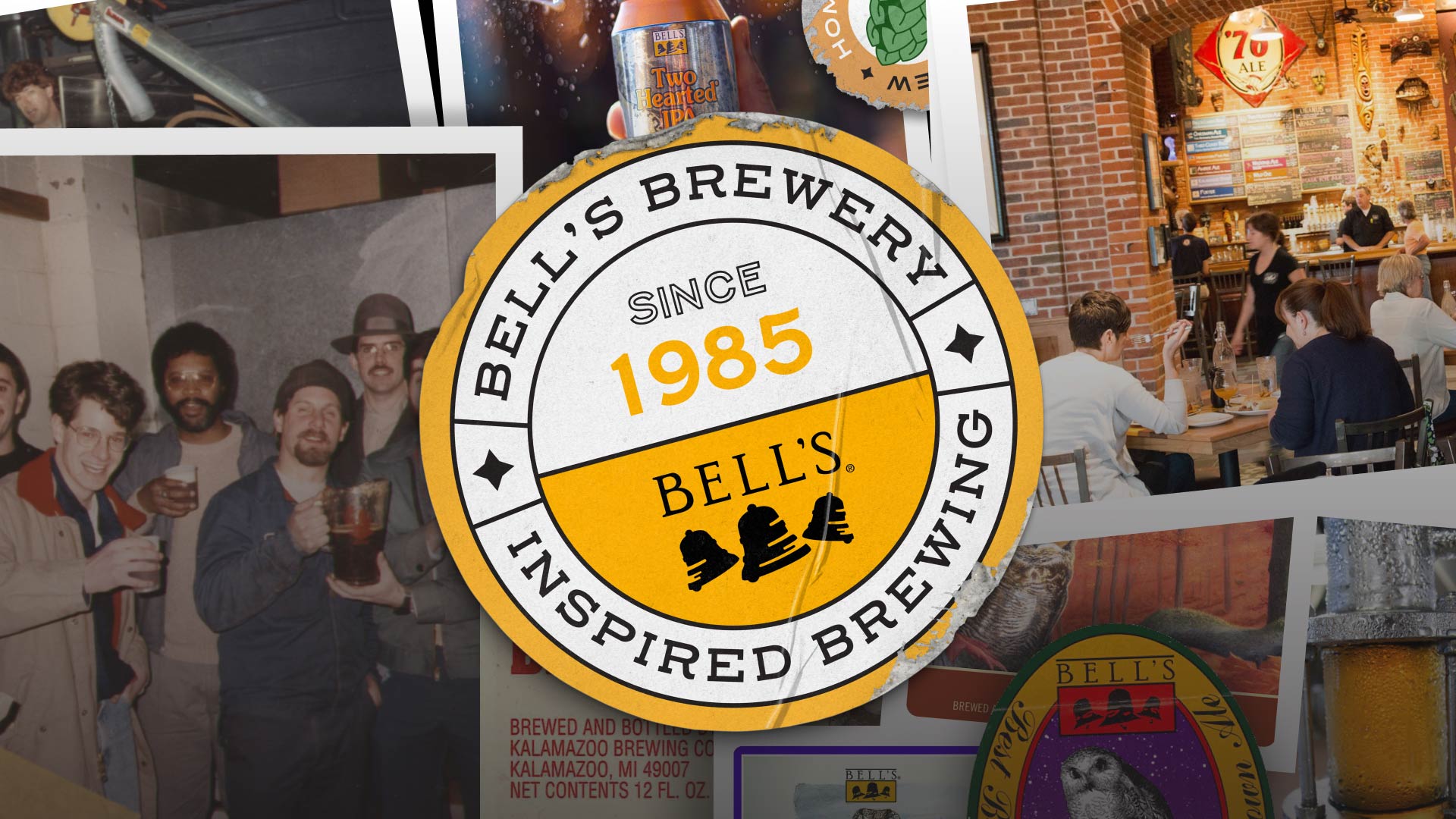 Bell's Brewery sticker on top of a collage of historical photos of Bell's history