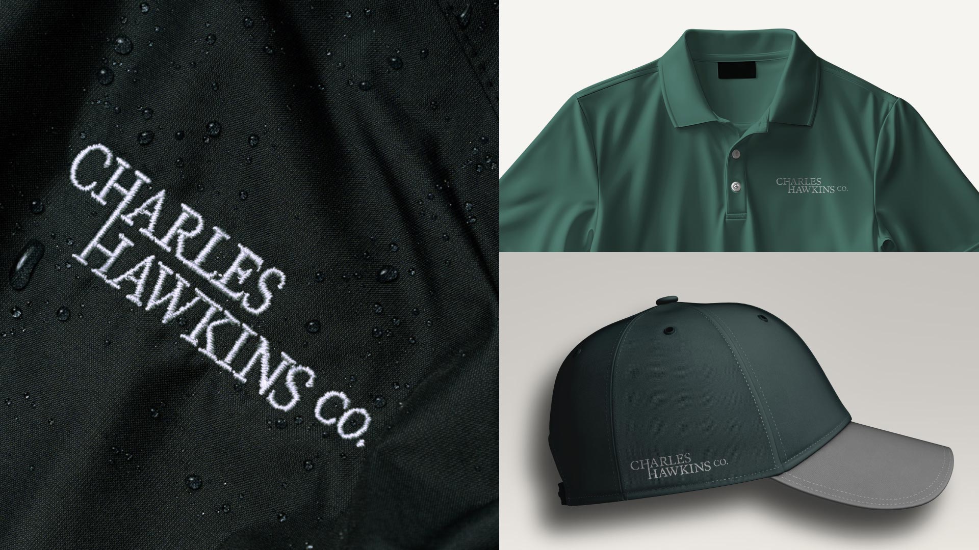 Images of a polo shirt and hat branded with the Charles Hawkins logo