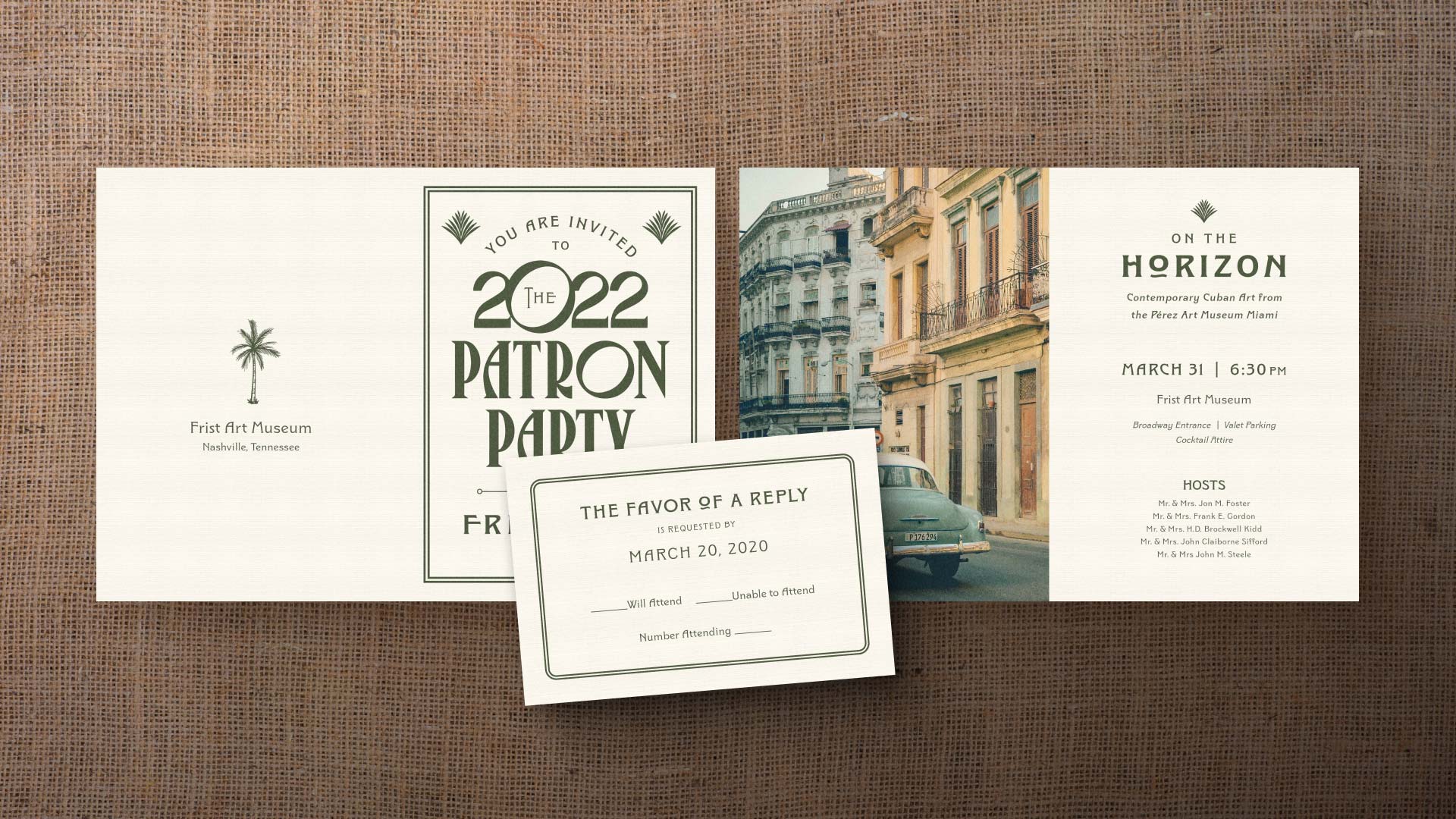 Flat lay of the 2022 Patron Party postcard