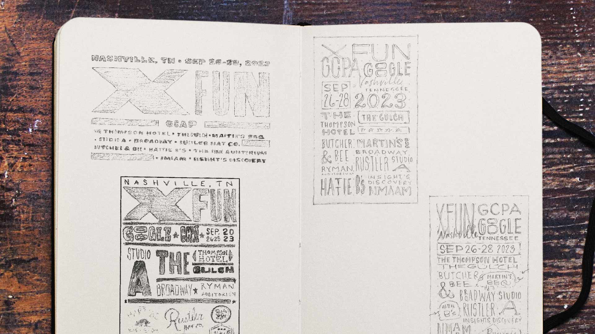 Sketchbook pages showing preliminary ideas for the poster