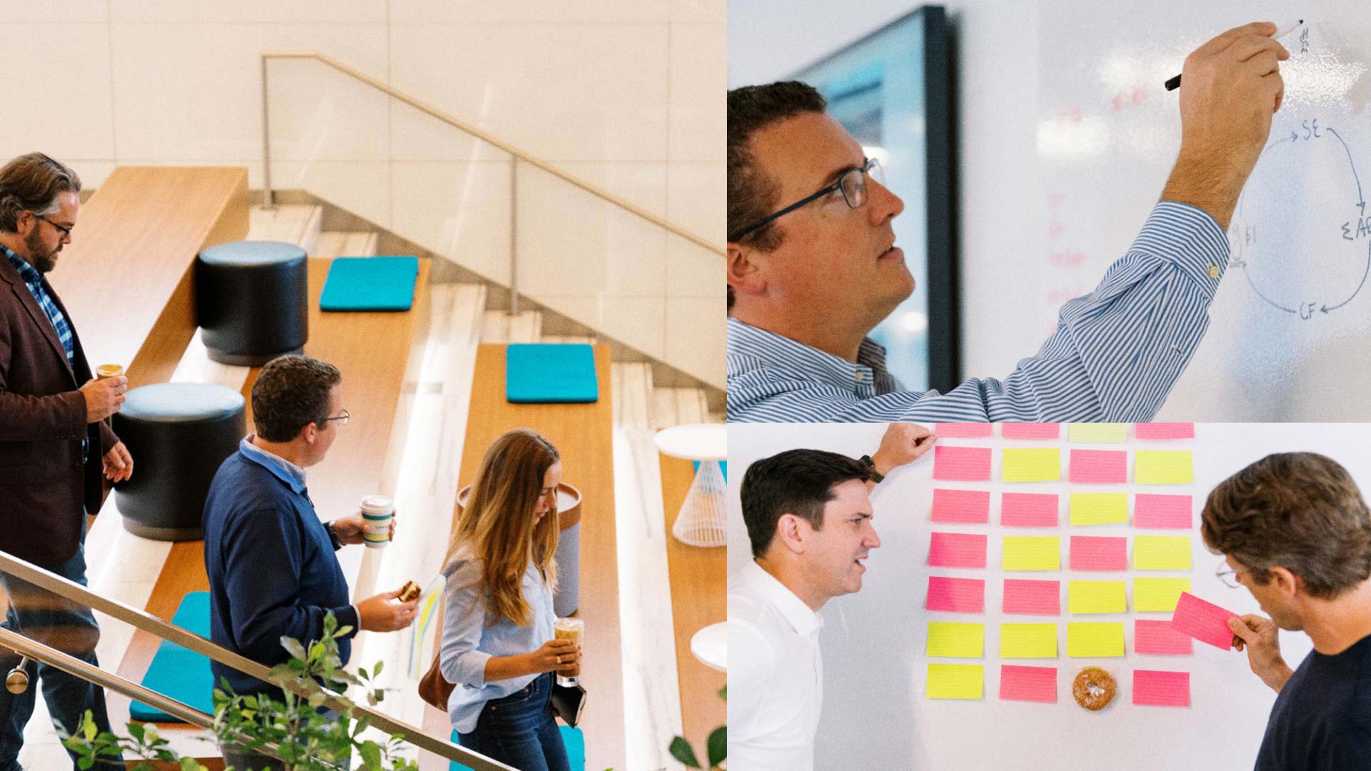 Collage of images showing business people writing on white board, collaborating with sticky notes, and walking through a room holding coffees