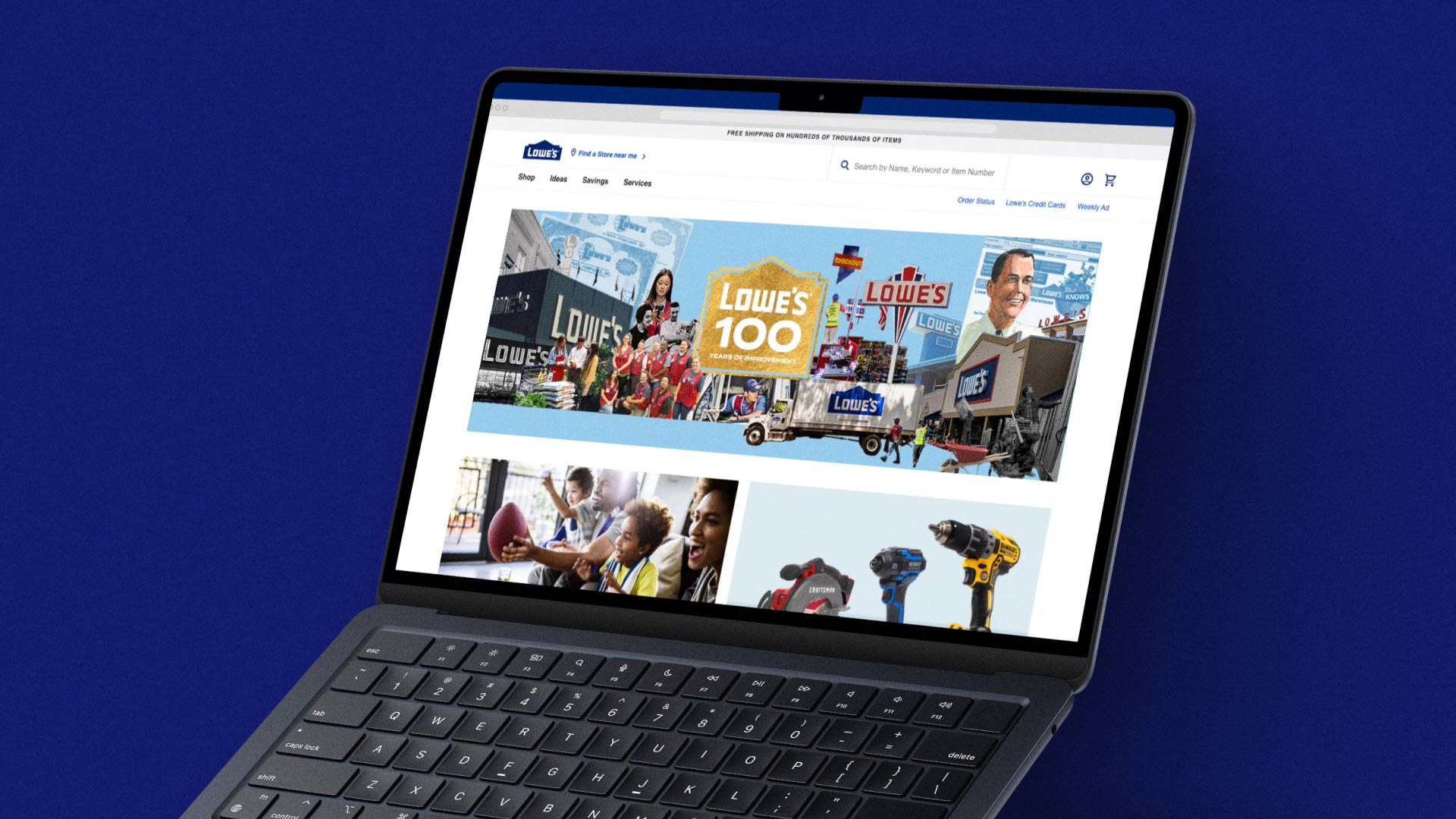 Blog post on Lowe's website featuring a Lowe's 100 graphic on a computer
