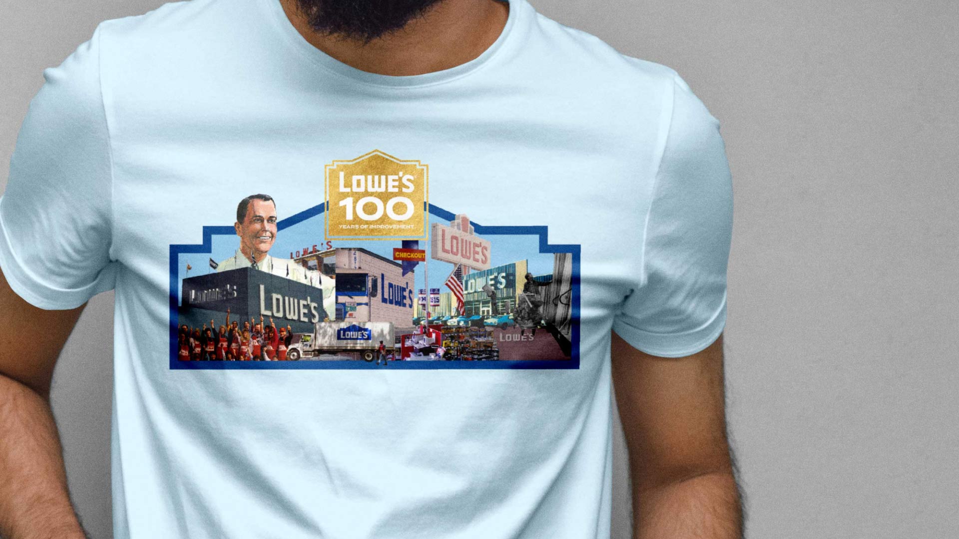 Man with a light blue shirt on showcasing the Lowe's 100 graphic
