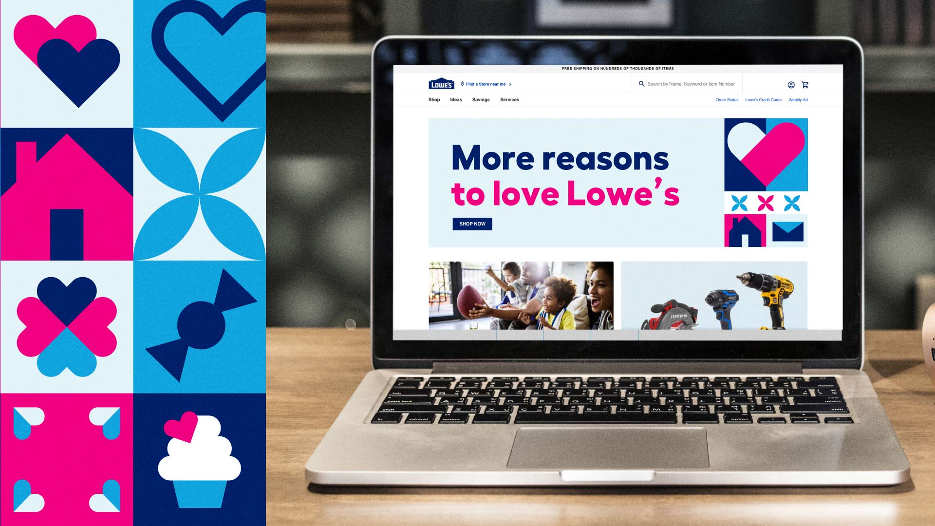 Blue and pink illustrations decorating the web page with a headline saying More Reasons to Love Lowe's