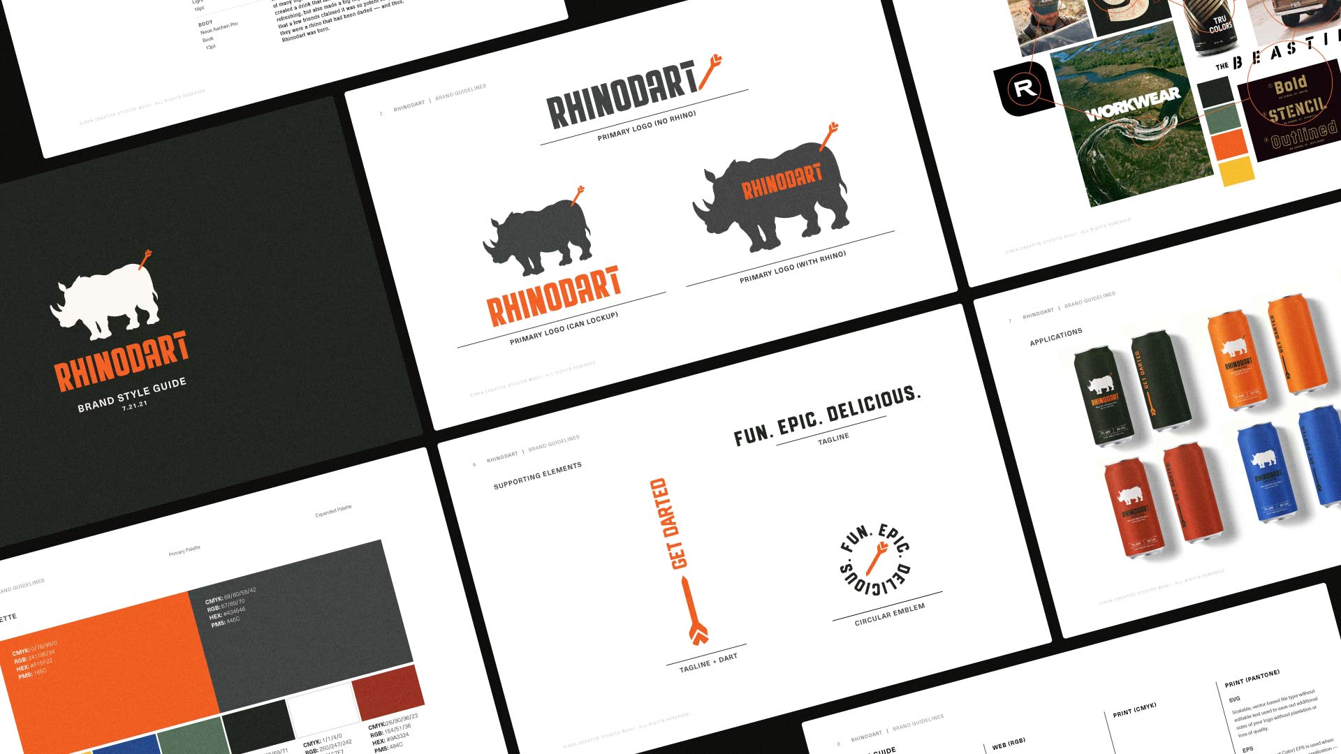 Grid of pages from the Rhinodart brand guide