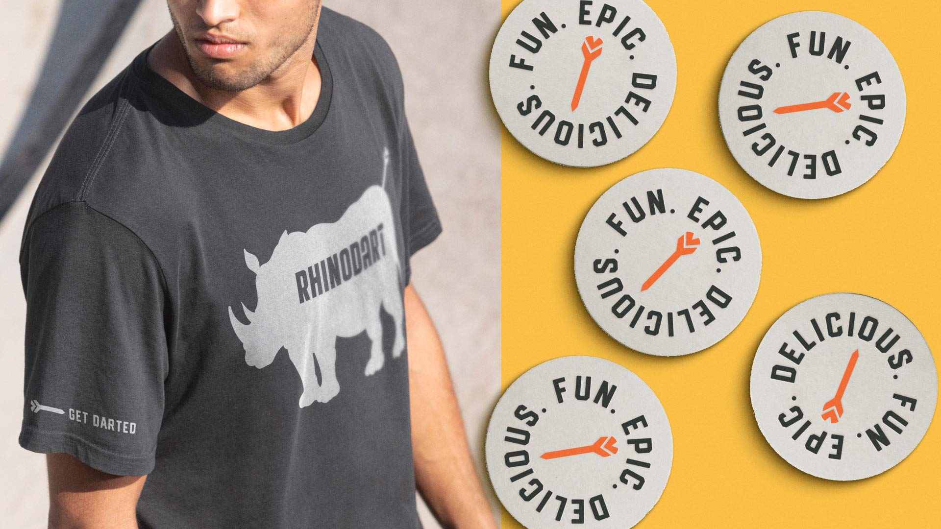 Rhinodart branded shirt and stickers