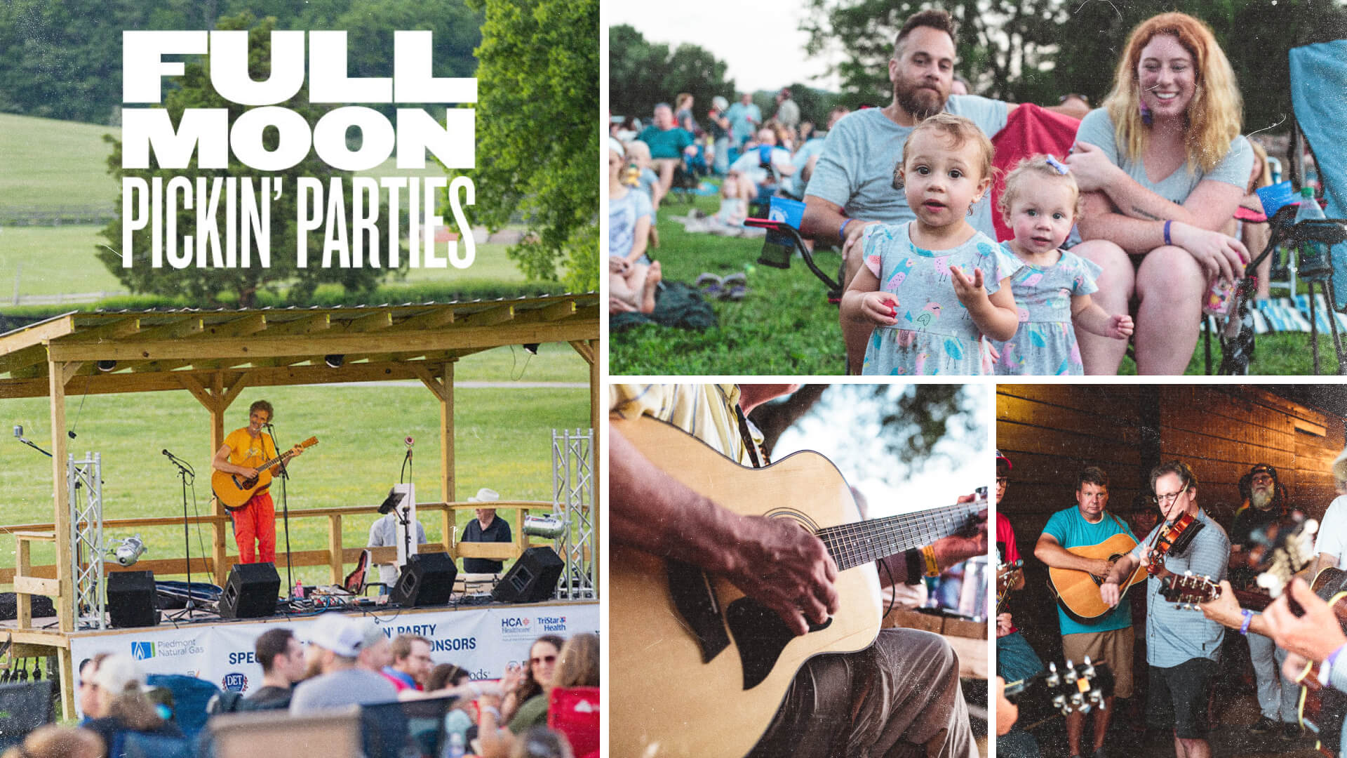 Collage of images from the Full Moon Pickin Party showcasing families enjoying musicians.