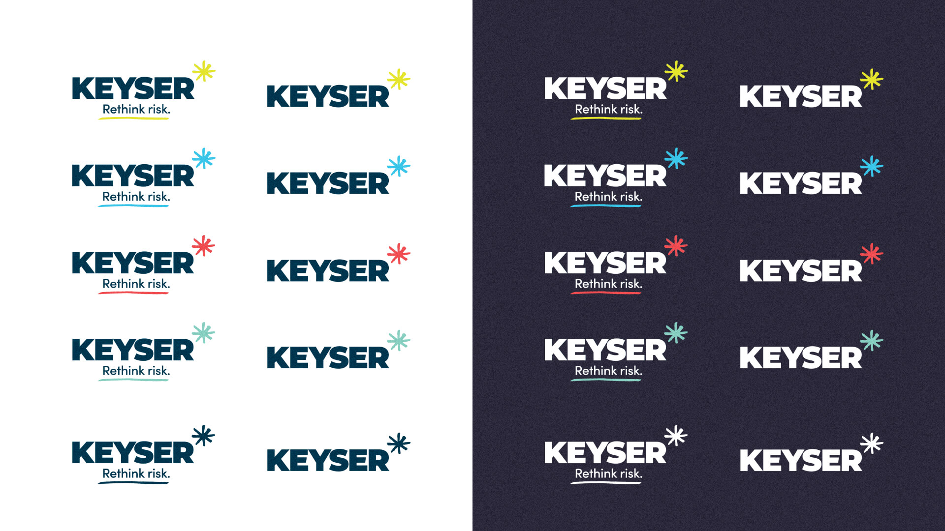 Various color combinations for the Keyser logo on white and black backgrounds.