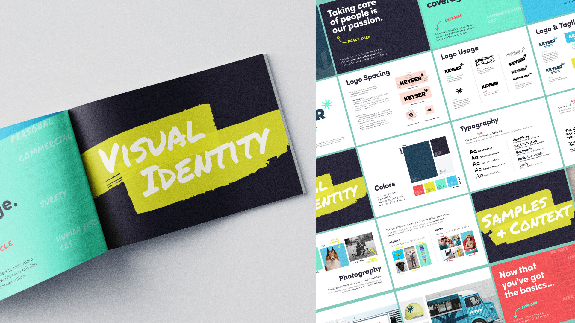 Collage of images showcasing the brand guide. The left image is an open pamphlet and the page says Visual Identity. The right image includes various pages from the brand guide.