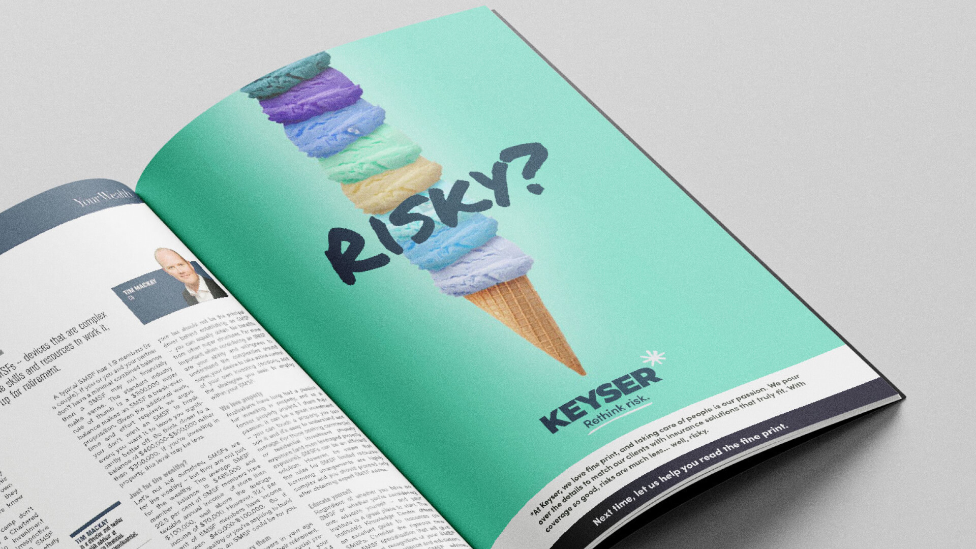 Zoom in of a magazine spread. The page is an image of an ice cream cone with a tall amount of ice cream scoops and the word, "Risky?" written on top of it.