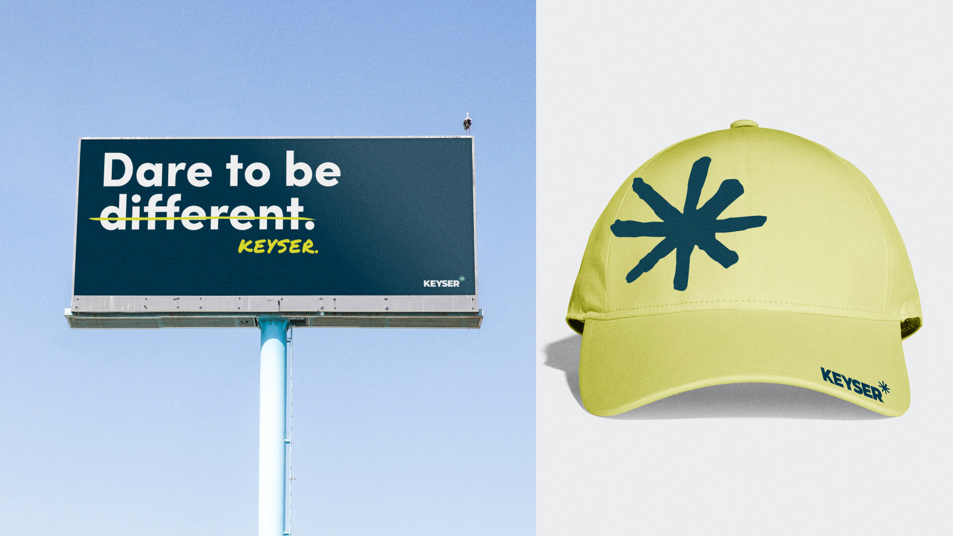 Billboard that says, "Dare to be different. Keyser." Different is crossed out and replaced with Keyser. Yellow baseball cap image on the right that has the Keyser asterisk brand on.