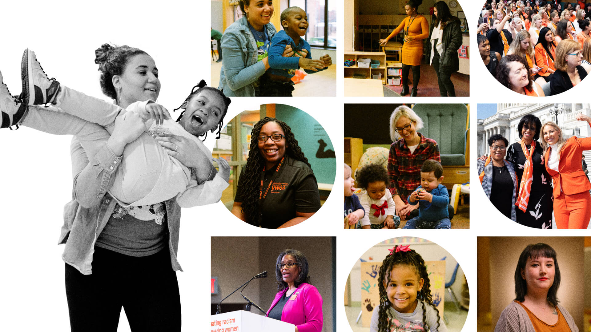 Grid of various images of women smiling and some with children.