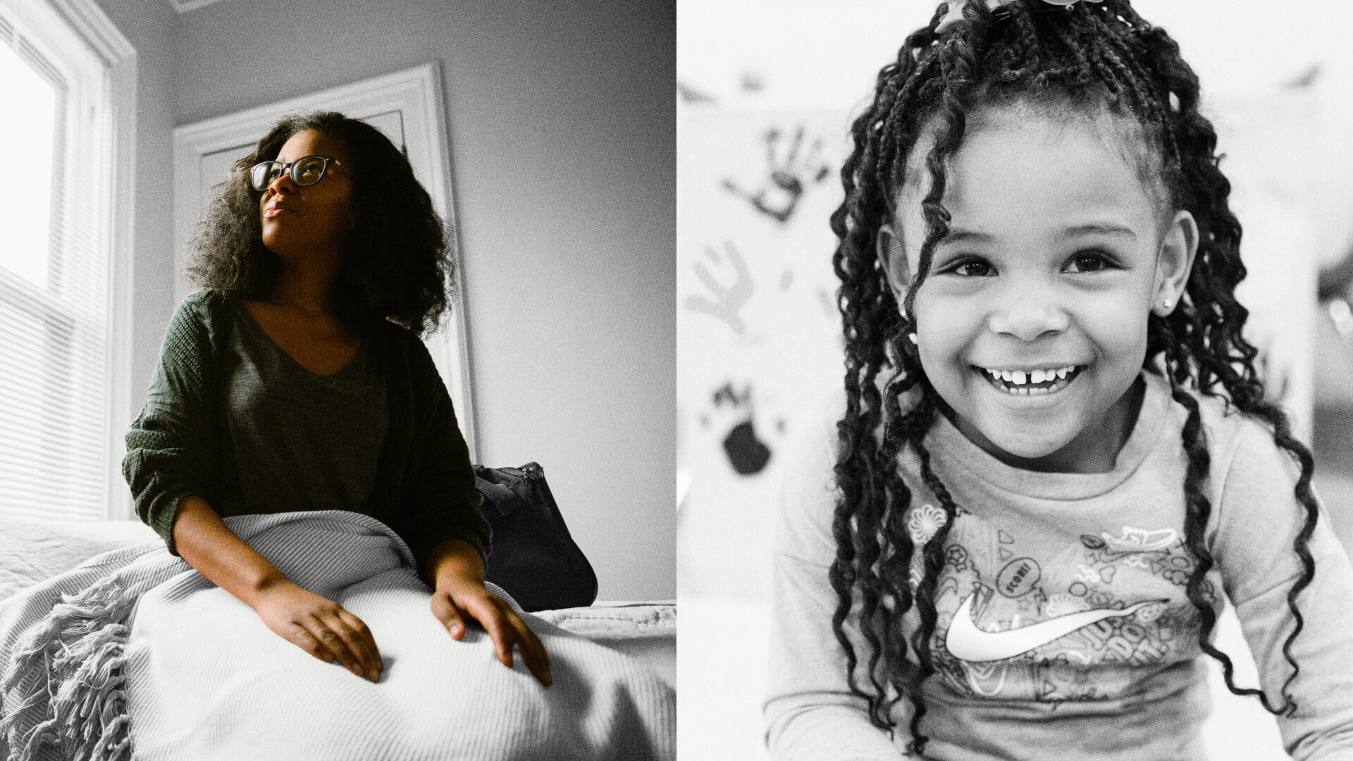 2 images side by side. Left image is of a woman in bed looking out the window. Right image is of a little Black girl smiling.