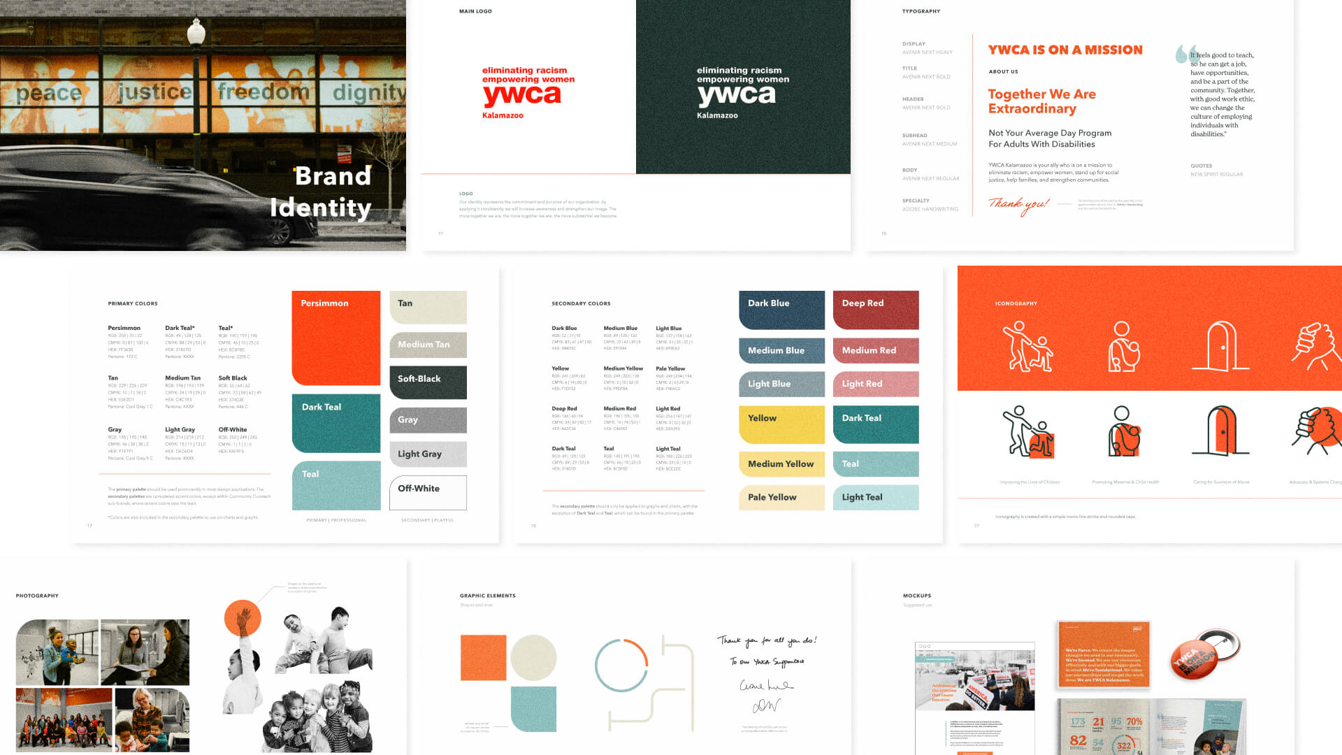 Grid of various pages from the brand guide that includes a break down of the typography, color palette, icons, etc.