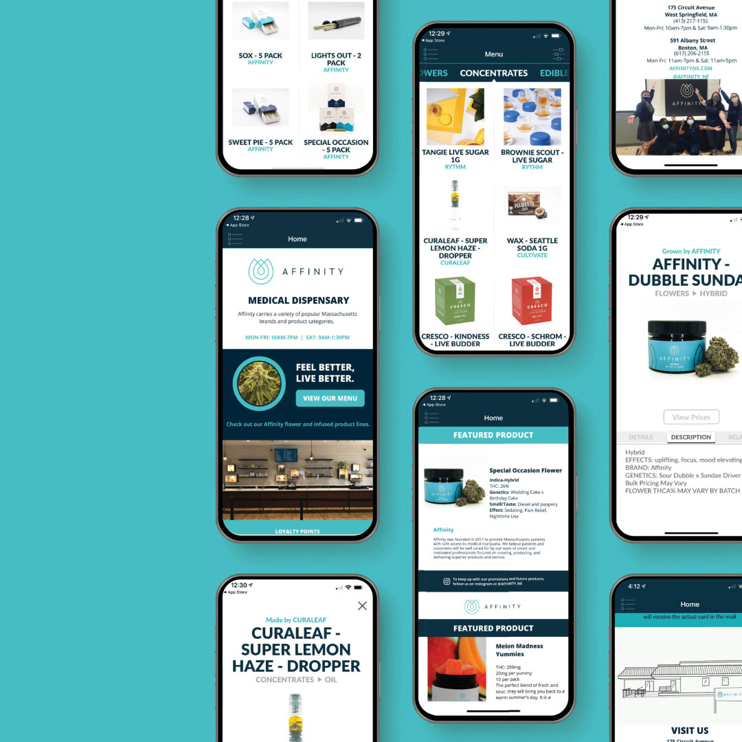Affinity website mockups on multiple phone screens.