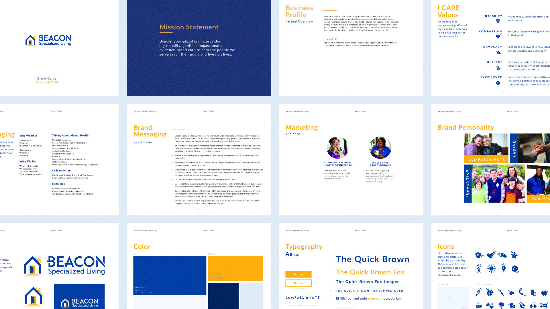 A series of slides from the Beacon Brand Style Guide organized in a grid.