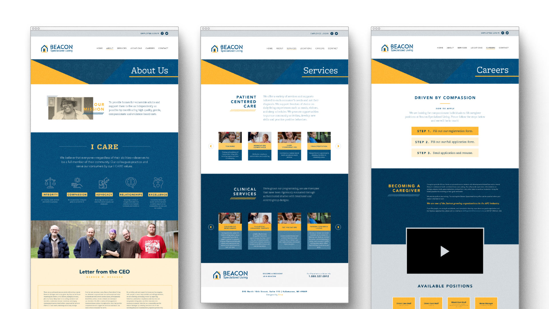 Three webpage layouts from the About Us, Services, and Careers pages from the Beacon Website.