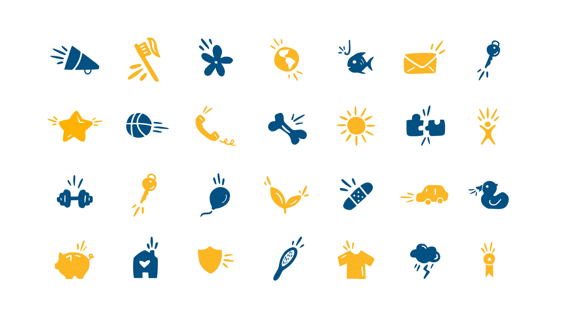 A grid including custom blue and gold brand iconography. 