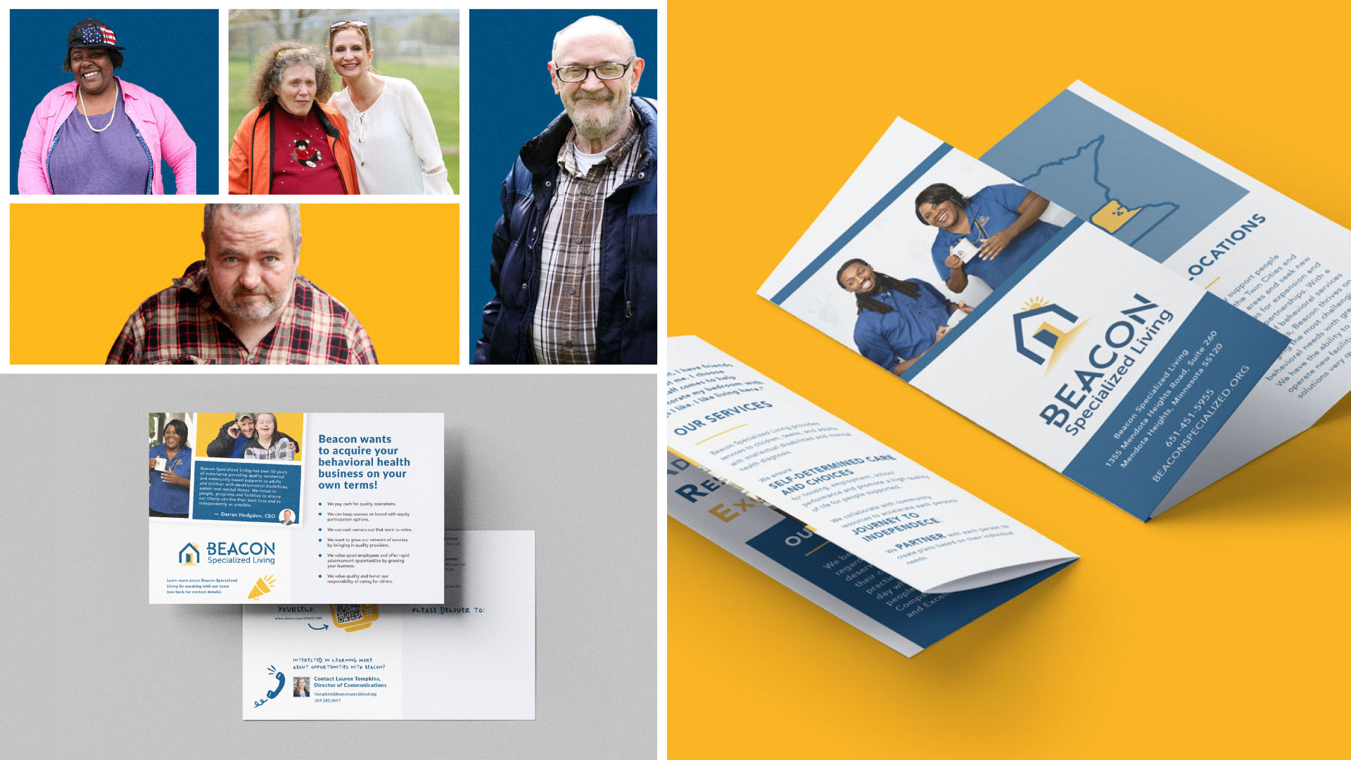 A collage of photos include individuals in the Beacon Specialized Living program next to a brochure of services.