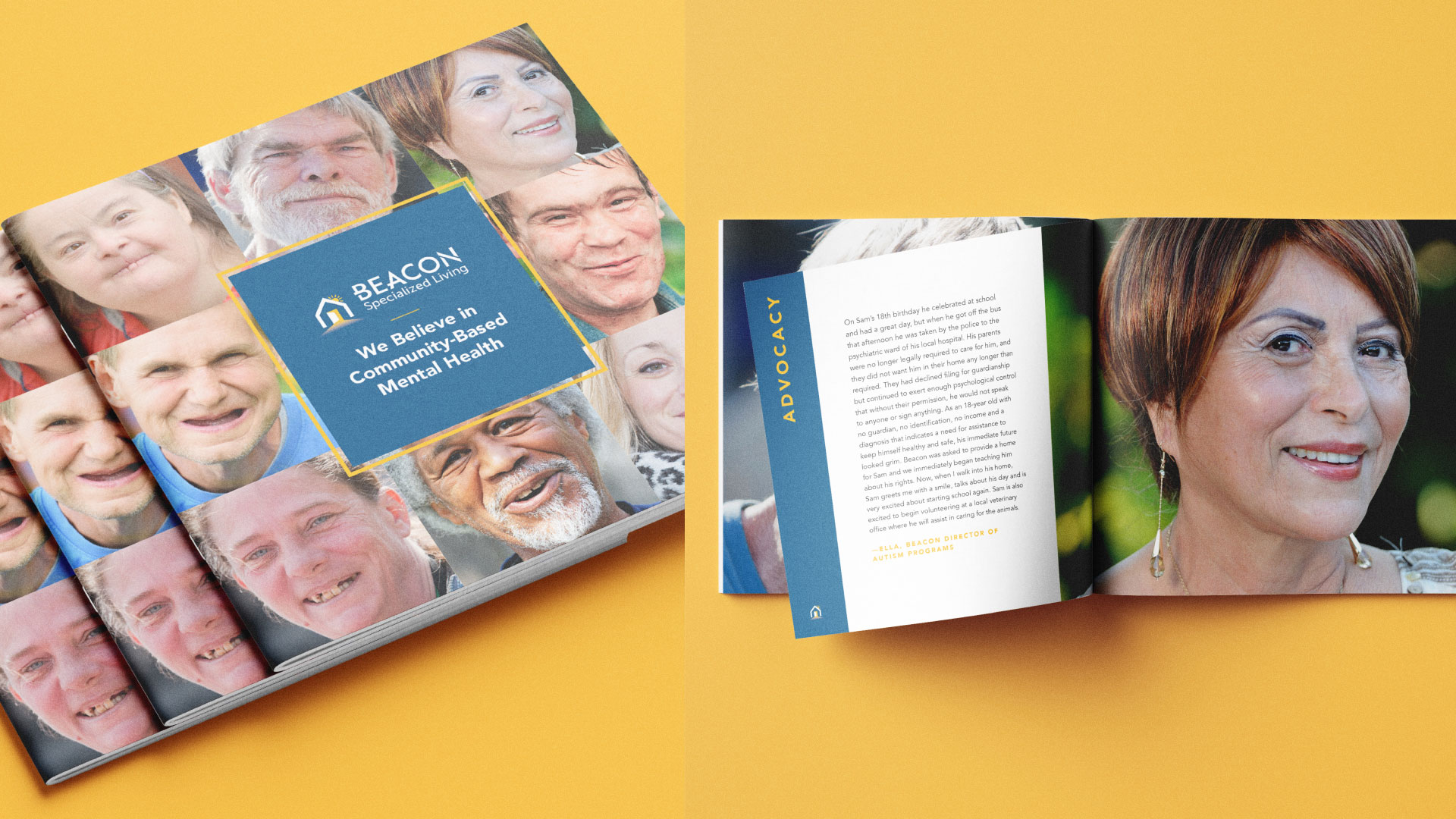 A mockup of a colorful booklet used for awareness and advertisement for Beacon Specialized Living. 