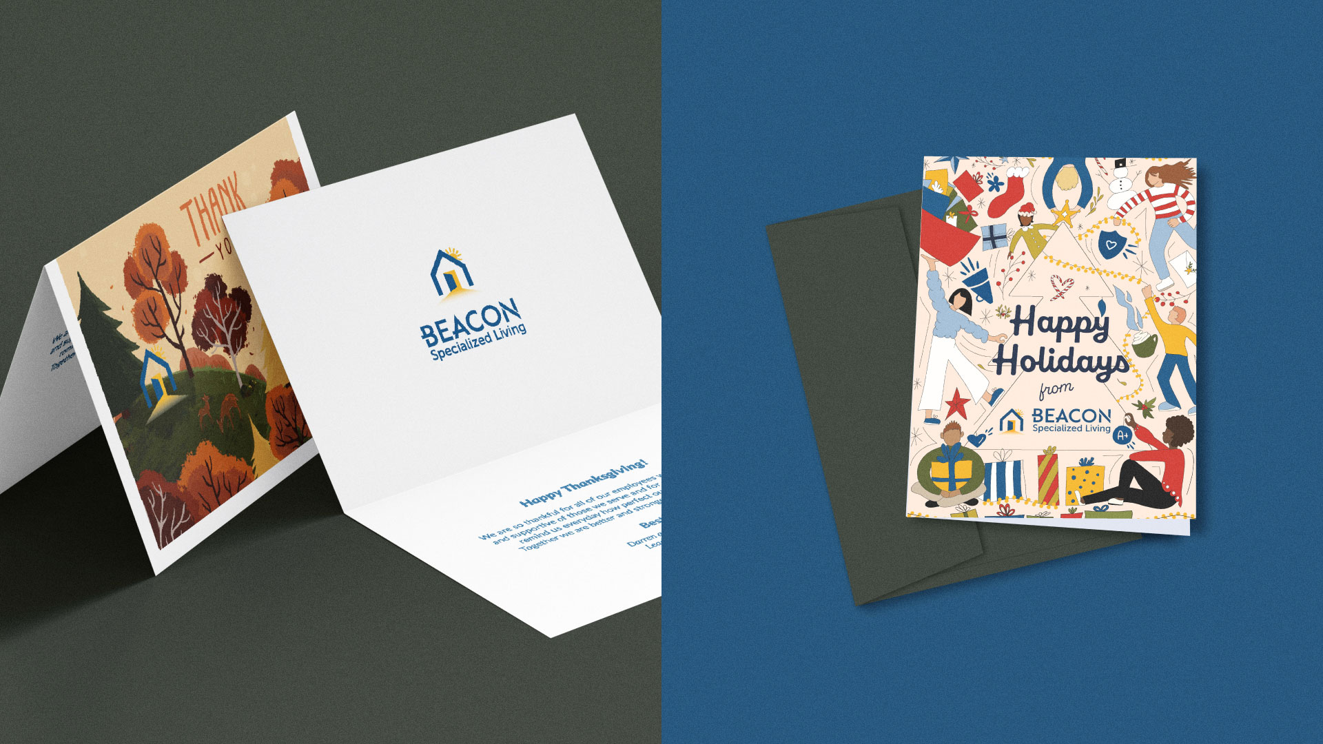 Mockups of Beacon-branded Thanksgiving and Holiday card designs.