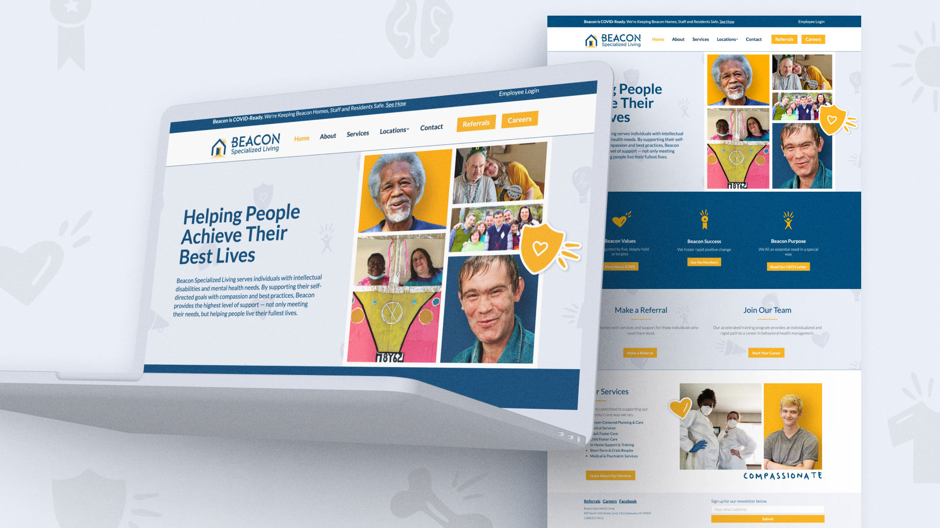 A mockup of the Beacon Specialized Living website on a light background of iconography.