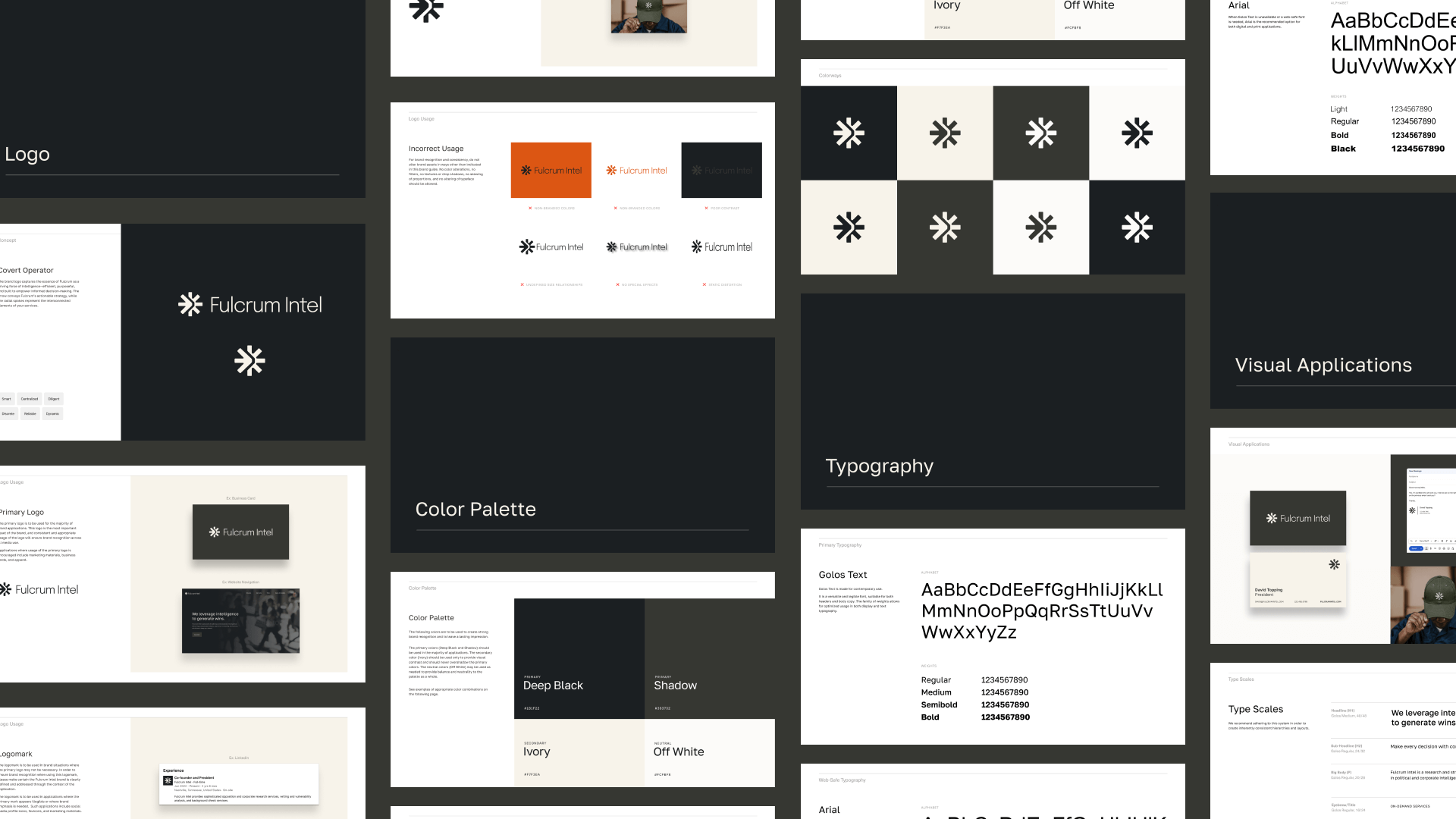 Fulcrum Intel custom brand guide including color palette, typography, and visual application examples.