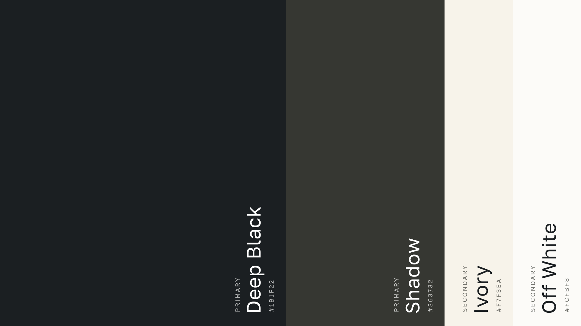 Fulcrum intel primary and secondary color palette: deep black, shadow, ivory, and off white