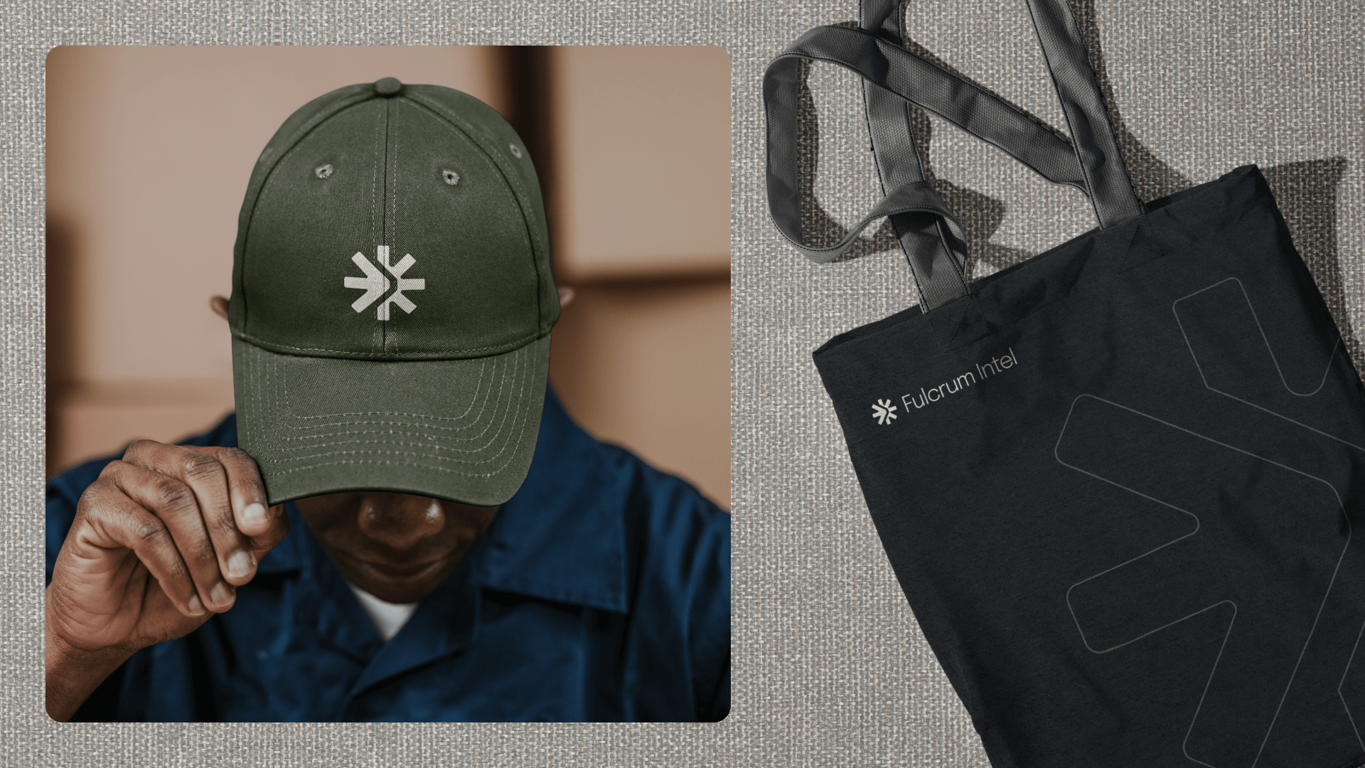 Fulcrum Intel icon featured on a baseball cap and tote bag