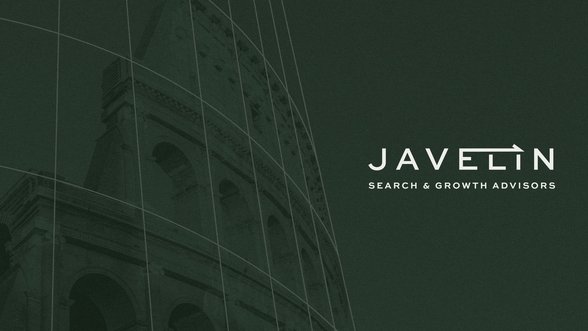 Javelin logo on a dark green background featuring a transparent version of the Roman Colosseum 