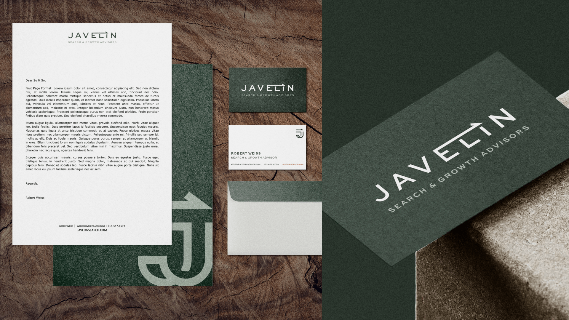 Mockups of Javelin collateral: letterhead, envelopes, folder, and business cards