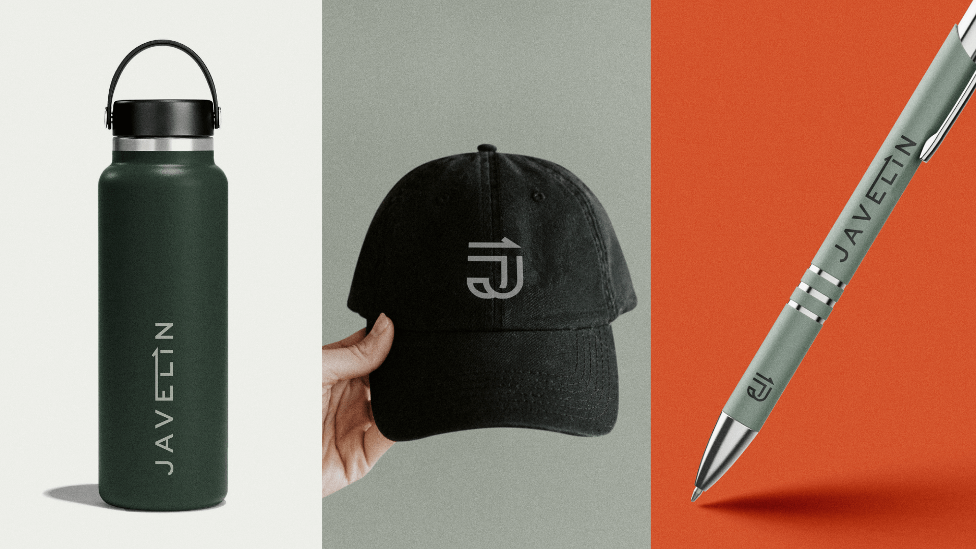 Mockups of the Javelin logo featured on a water bottle, hat, and ink pen