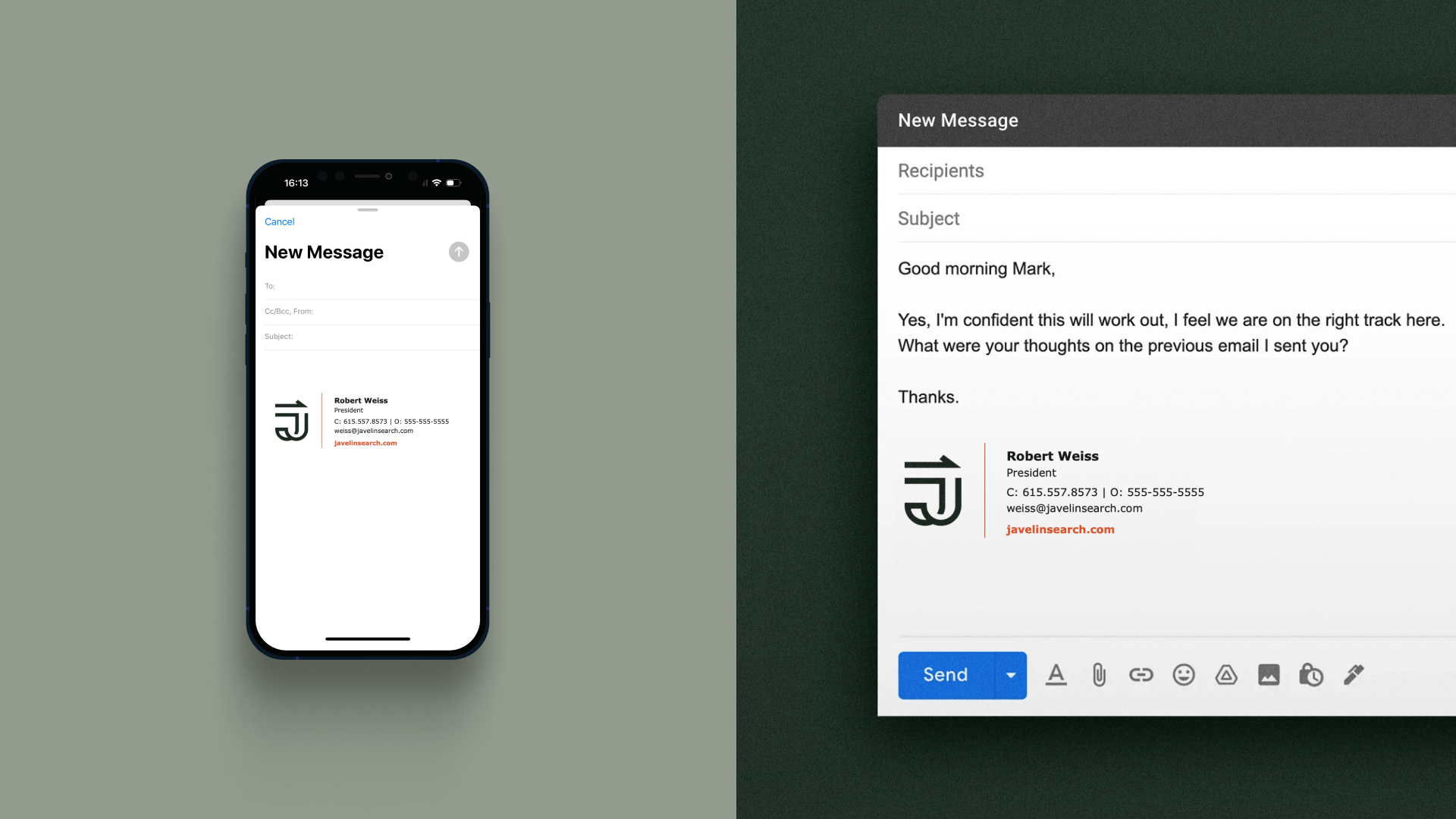 Branded and styled Javelin email signature examples on mobile and desktop