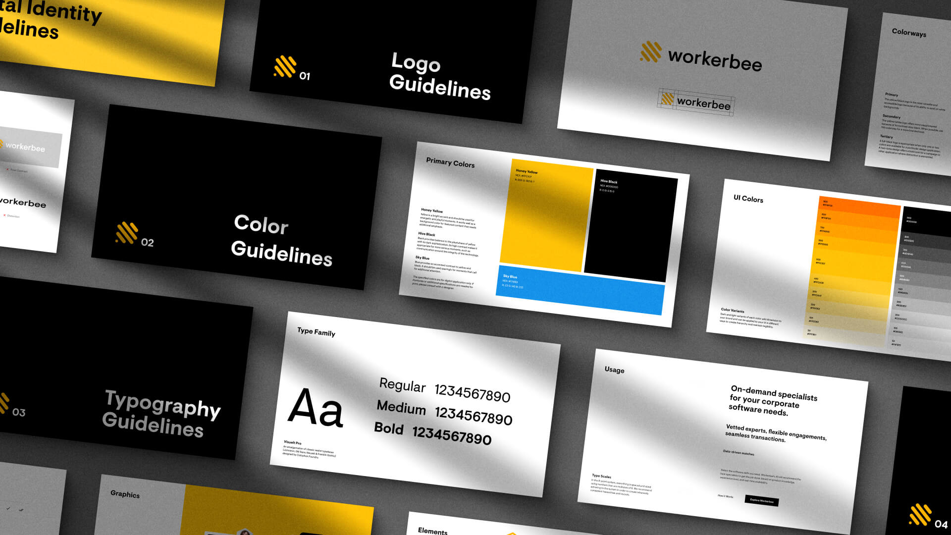 Screenshot of Workerbee logo, color, and typography guidelines