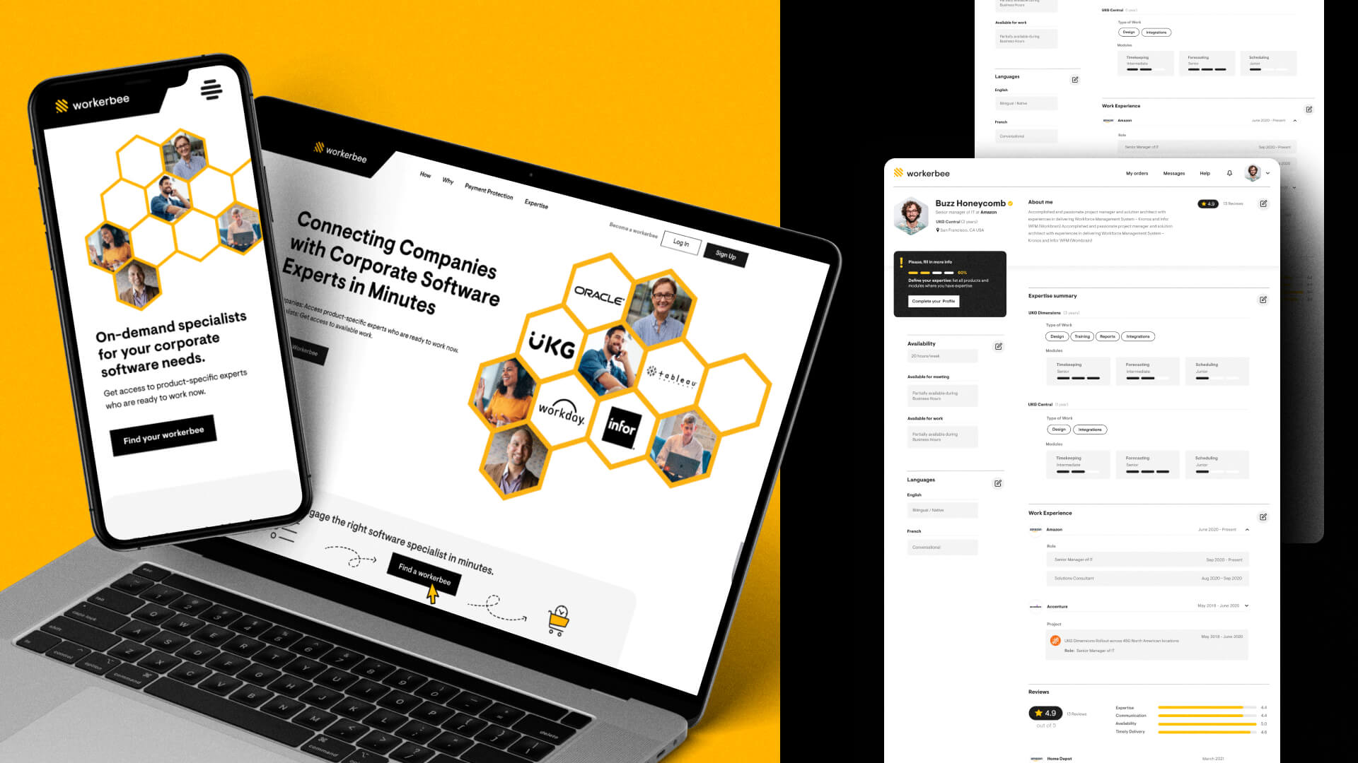 Mockup of Workerbee website on desktop and mobile