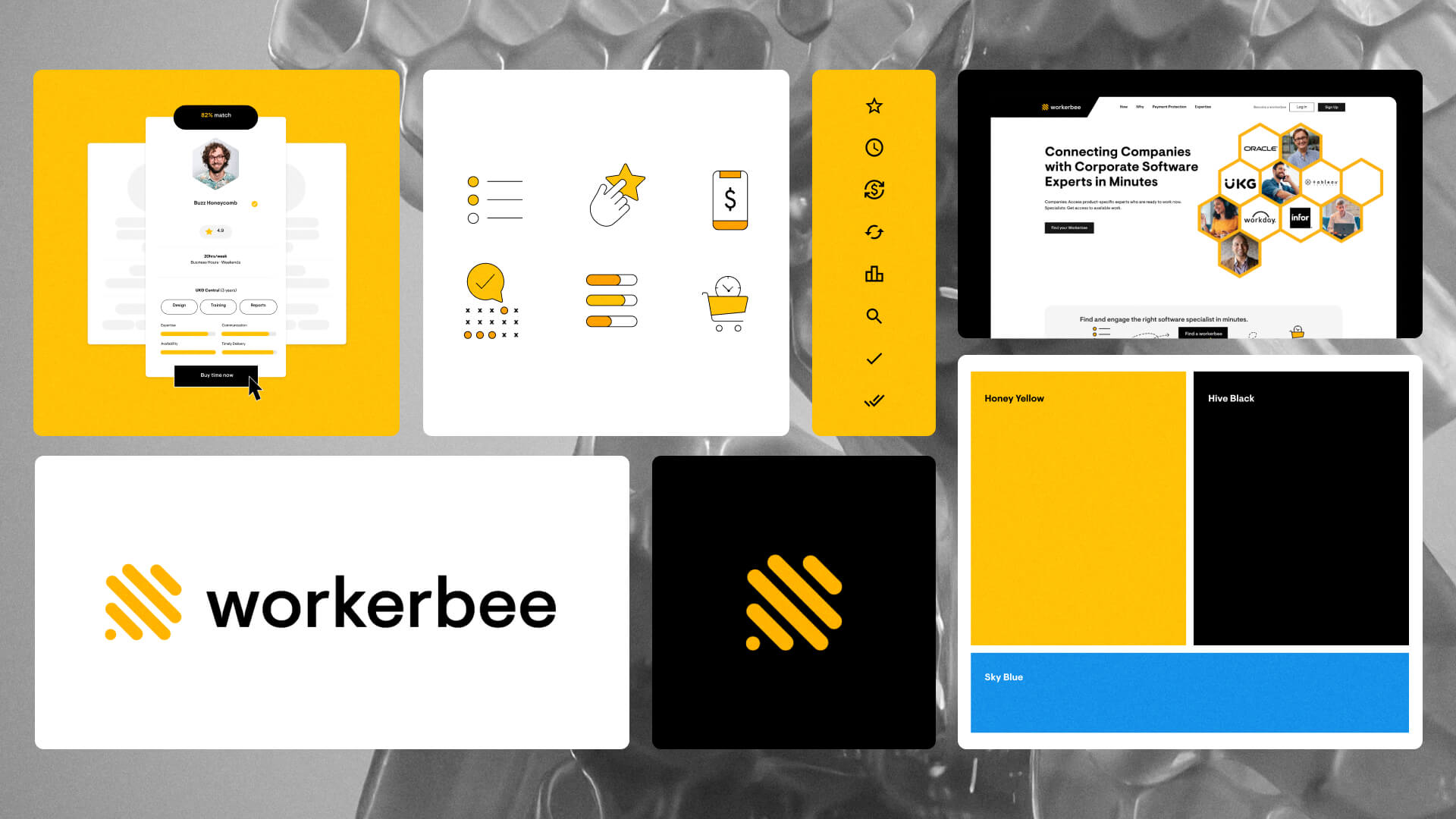 Gallery of brand identity examples of Workerbee icons, website, logo, and colors