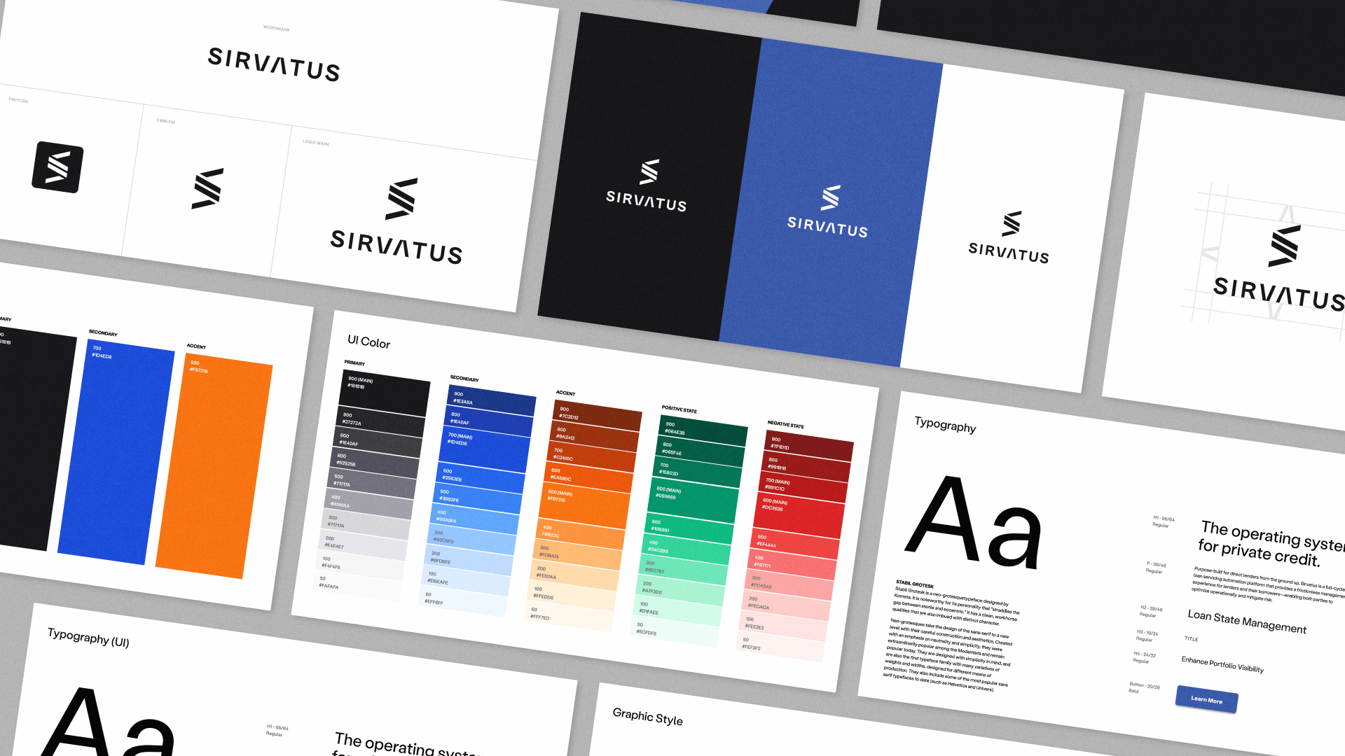 Close up of Sirvatus brand guide featuring logo usage, color palette, and typography style