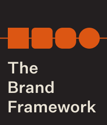 "The Brand Framework" title on a black background. Orange shapes represent the brand framework structure